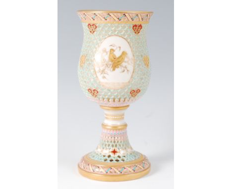 A Royal Worcester reticulated porcelain goblet, probably by George Owen, having two large and four small opposing panels, eac