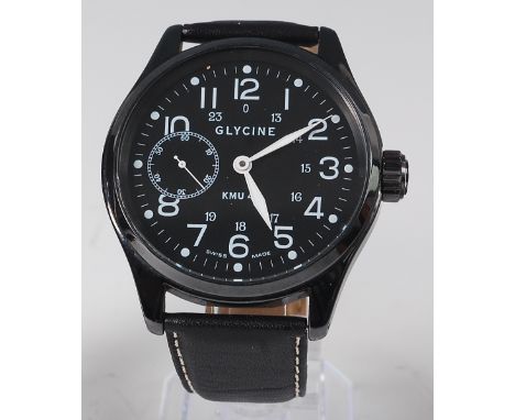 A Glycine KMU 48 gents black anodised steel wristwatch, having a signed black dial, subsidiary seconds dial, manual wind 17-j