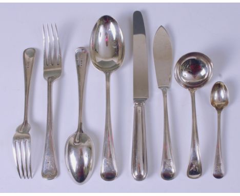 A George V silver part cutlery suite, comprising; five table forks, two tablespoons, six dessert spoons, eight soup spoons, f