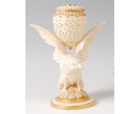 A Grainger & Co Royal Chinaworks of Worcester pot pourri, in the form of an eagle, the whole embellished and numbered 11/G 38