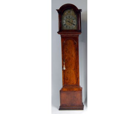 Windmills of London - 18th century walnut longcase clock, having arched brass dial, w.13", with silvered date dial within dol