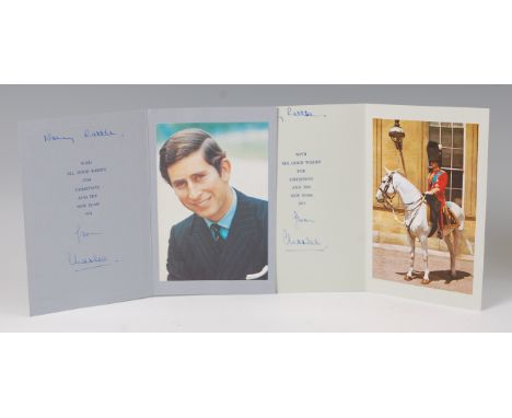 HRH Charles, Prince of Wales, 1974 Christmas greetings card, the blue cover with embossed fleur de lis, opening to reveal hal