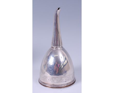 A George III silver wine funnel, the conical bowl with engraved band and having flower head pierced strainer, 5.1oz, maker Wi