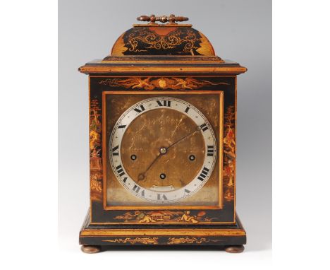 A circa 1900 chinoiserie black lacquered bracket clock, having gilt metal swing carry handle, engraved brass dial, silvered c