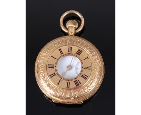 An 18ct gold cased ladies half hunter pocket watch, having finely engraved case, white enamel dial with subsidiary seconds di