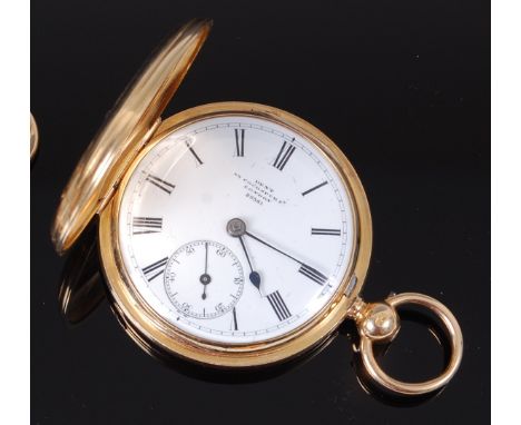 A Victorian 18ct gold cased gents full hunter pocket watch, by Dent of London, the case with engraved armorial opening to rev