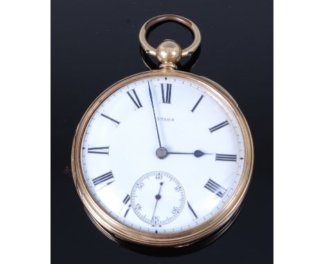 A Victorian 18ct gold cased gents open faced pocket watch, the back cover with engraved armorial, the inner back cover with p