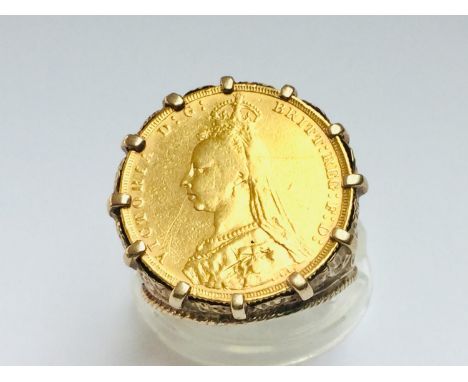 A Queen Victoria full sovereign 1890, set in 9ct gold heavy mount, finger size T, ring weighs 15.2 grams. 