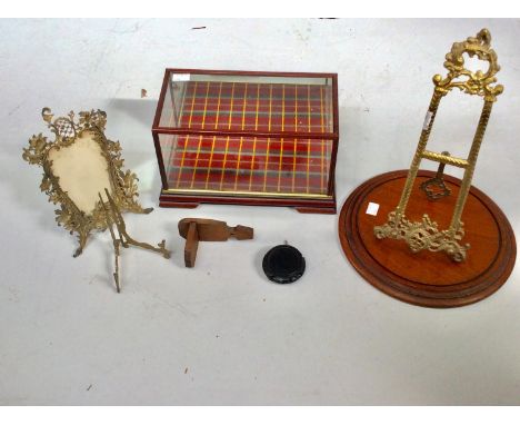 A rectangular glazed table top display case, 32cm wide, together with a circular mahogany stand (for a glass dome), rococo br