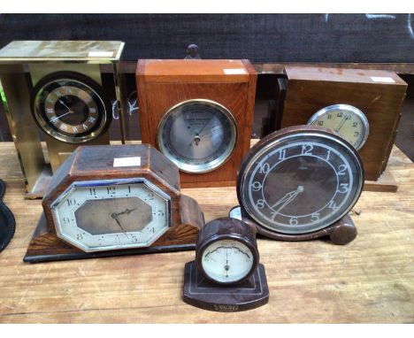 A wooden cased aneroid barometer with silvered dial 'Mark 2 32095/70', together with a Rototherm desktop thermometer and four