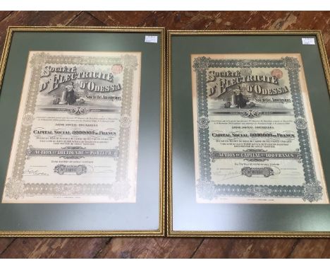 Two Societe D' Electricite D'odessa (Societe Anonyme). Action de capital de 100 francs. Bruxelles, 1910 share, bond certifica