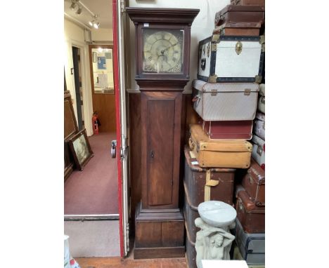 A longcase clock with brass dial, embossed spandrels and Roman numerals, date aperture, engraved with a shipping scene, marke