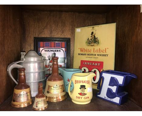 Breweriana items including a White Label Dewar's Scotch Whisky calendar, Johnnie Walker, Worthington and Beefeater ceramic ta