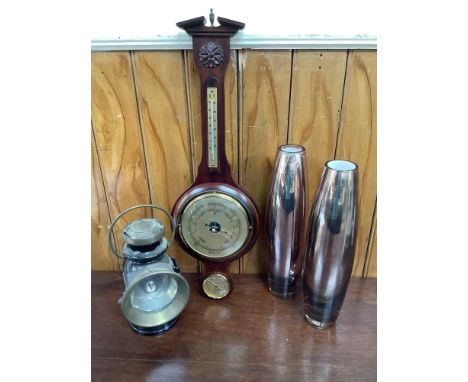 A 'King of the Road' Lucas carbide lamp, together with a pair of tall Jasper Conran vases and a Weathermaster barometer 