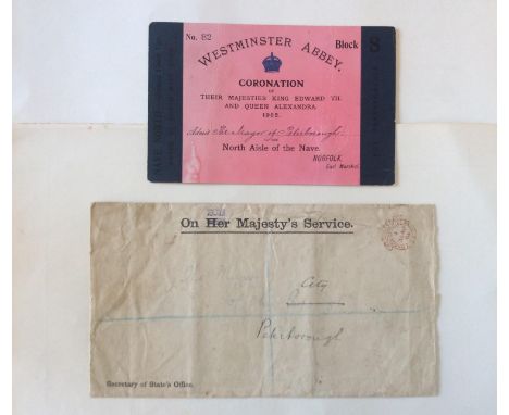 Ticket and original cover envelope for the Edward VII Queen Alexandra Coronation at Westminster Abbey, 1902, addressed to the