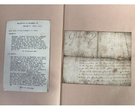 George III (1738-1820) ' A Patent signed 'George R,' on portion of document, together with a signed note by George IV (1762-1