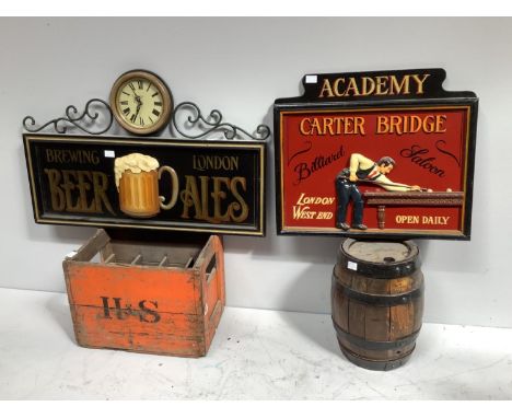 Two Country Corner relief carved advertising signs, one 'Carter Bridge Billiard Saloon', the other a Brewing sign with clock 