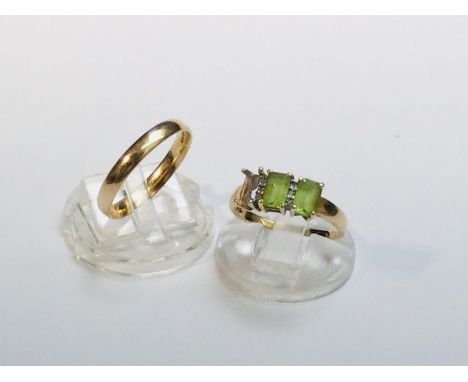 A 9ct gold wedding ring, weighing 2.1 grams, finger size R, together with a 9ct gold dress ring (stone missing) weighing 2.3 