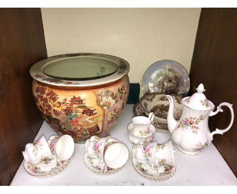 SECTION 10.  A large Oriental fish bowl / jardiniere, together with a Royal Albert 'Moss Rose' pattern tea set comprising six