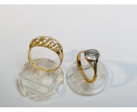 A 22ct gold dress ring with platinum top, (broken) together with a 14ct gold dress ring, set with 14 x white stones. Total we