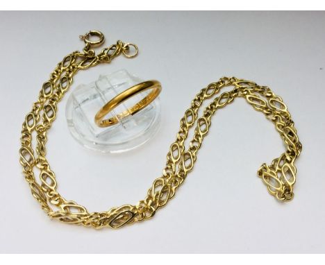 A 22ct gold wedding ring, weight 2.5 grams, finger size 'M', together with a 9ct gold necklace  weighing 6.8 grams and measur