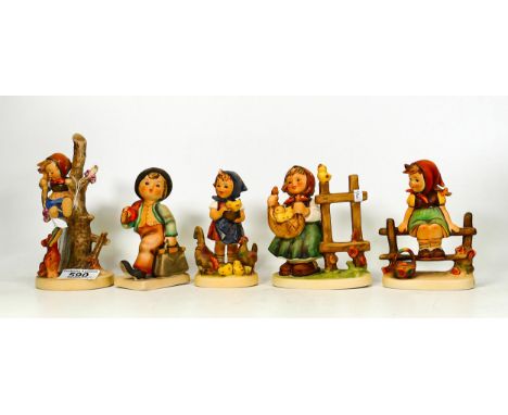 A collection of Goebel Hummel figures including Out of Danger, Chicken Licken, Wanderer, Girl with Chickens, Girl with Basket