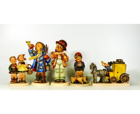 A collection of Goebel Hummel figures including The Mail is Here, Farm Boy, Little Fidler &amp; Hear Ye &amp; Hear Ye, talles