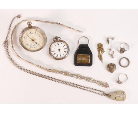 Two silver pocket watches &amp; silver key fob, gents watch .800 silver, missing bow &amp; not working, ladies fine silver ca