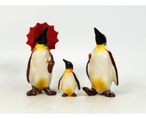 Beswick penguin with umbrella 802: penguin with walking stick 803 and  penguin chick (3) 