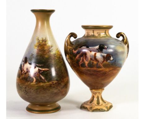 Two Crown Devon vases decorated with gun dogs hunting, signed R Hinton. Height of tallest 16cm 