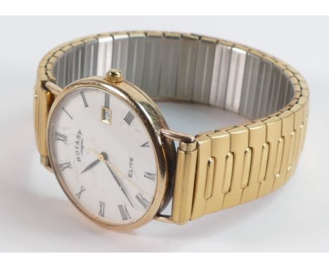 9ct gold gents wristwatch Rotary Date Elite quartz movement watch, hallmarked to reverse of case.  Measures 33mm wide excludi
