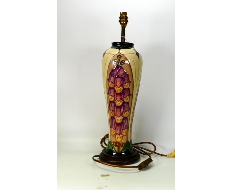 Moorcroft large lamp base in the foxgloves pattern, measuring 37cm high, excluding wooden base &amp; upper brass fitting 