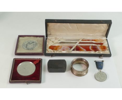 Group of collectables including hallmarked silver, comprises; Cased agate pen, pencil &amp; ruler set (ruler broken in two), 