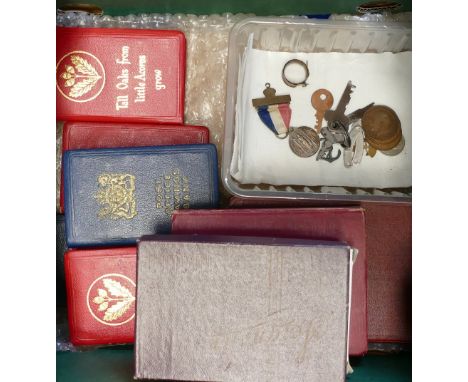 Five x post office &amp; bank metal money bank savings books, some associated keys, cigarette lighter &amp; case combined etc
