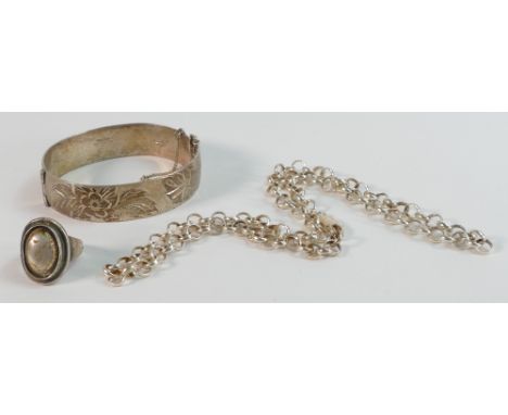 Silver bangle, necklace and ring, 74.2g. 