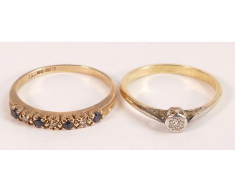 Two gold rings - 9ct gold hallmarked sapphire &amp; white stone ring, size R, weight 1.72g, together with yellow gold single 