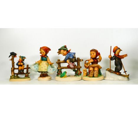 A collection of Goebel Hummel figures including Skier, Boy with Crow, Farewell, Mother Darling &amp; Retreat to Safety, talle