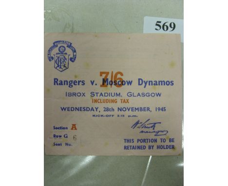 1945/46 Rangers v Moscow Dynamos, a ticket from the game played on 28/11/1945.