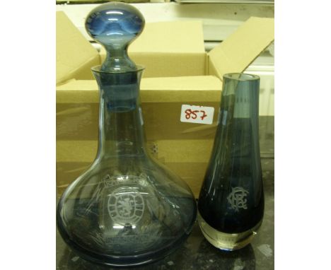 Glasgow Rangers, a presentation item/gift, given to West Bromwich Albion, comprising of blue, glass whiskey decanter, with st