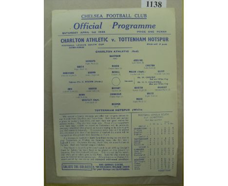 1943/44 FL South Cup S/F, Charlton v Tottenham, a single sheet programme for the game played at Chelsea on 01/04/1944, in ver