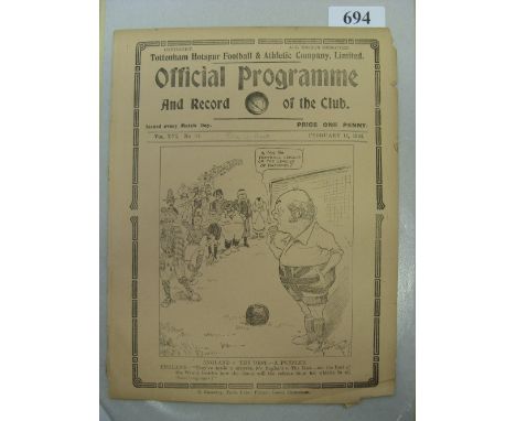 1924 England v The Rest, a programme from the game played at Tottenham on 11/02/1924, team changes.