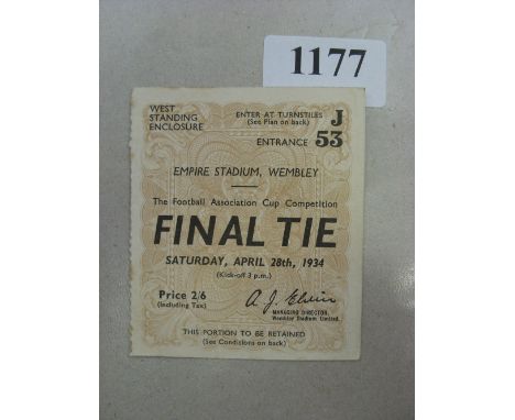 1934 FA Cup Final, Manchester City v Portsmouth, a ticket from the game played on 28/04/1934, in very good condition.