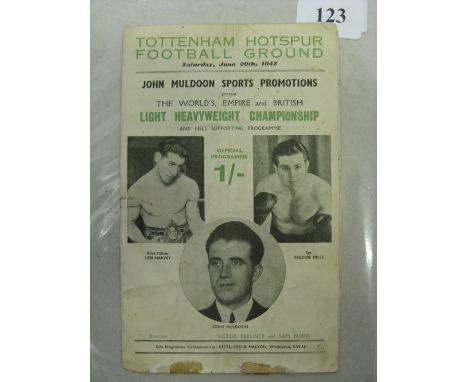 1942 Boxing at Tottenham Hotspur, a programme from the Len Harvey v Freddie Mills, Light Heavy Championship of the World bout