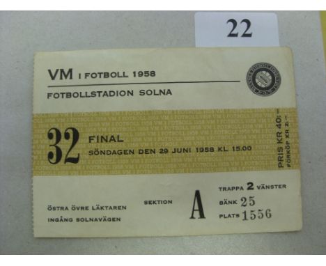 1958 World Cup Final, a ticket from the game between Brazil v Sweden, played at the Rasunda Stadium, Solna, Sweden, on 29/06/