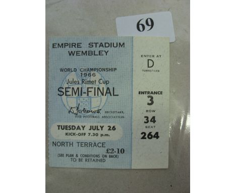 1966 World Cup Semi-Final, England v Portugal, a ticket from the game played at Wembley on 26/07/1966, in very good condition