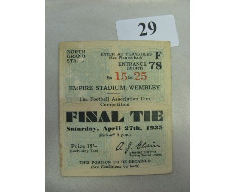 1935 FA Cup Final, West Bromwich Albion v Sheffield Wednesday, a ticket from the game at Wembley on 27/04/1935.