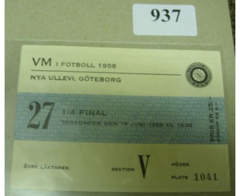 1958 World Cup, a ticket from the Wales v Brazil game played in Gothenburg, Sweded on 19/06/1958.