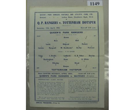 1942/43 QPR v Tottenham, a single sheet programme from the Friendly game played on 17/04/1943.