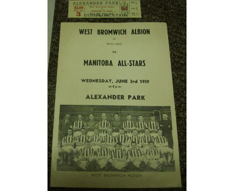 1958/59 Canadian Tour, West Bromwich Albion v Manitoba All-Stars, a programme and ticket from the game played on 03/06/1959, 