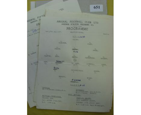 Arsenal, a collection of 9 single sheet programme, team changes, score noted, 1957/58 Reds v Blues, Practice Game, Arsenal v 